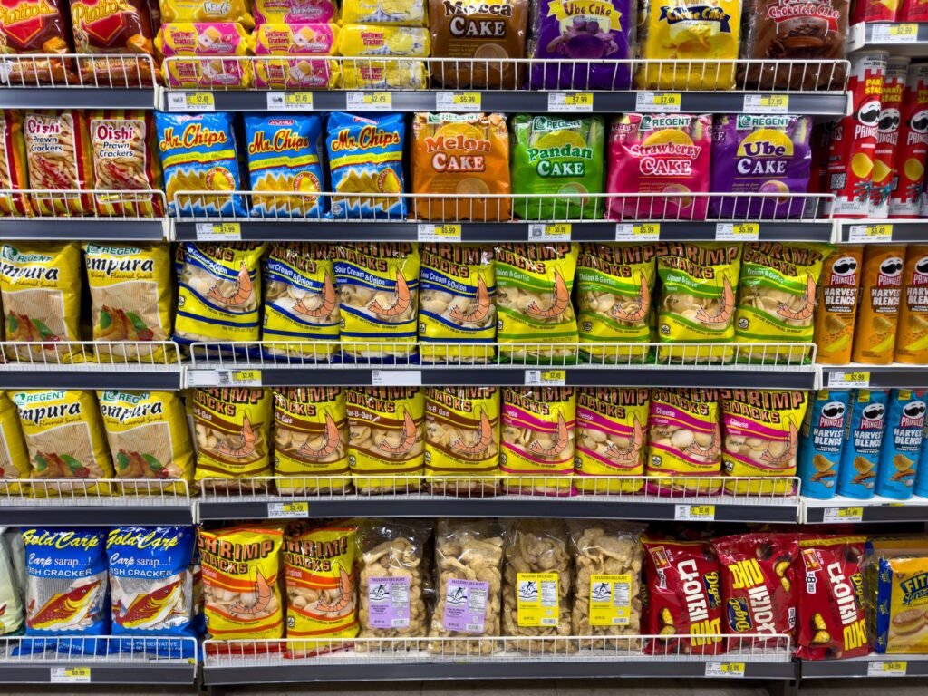 packaged snacks on supermarket shelf
